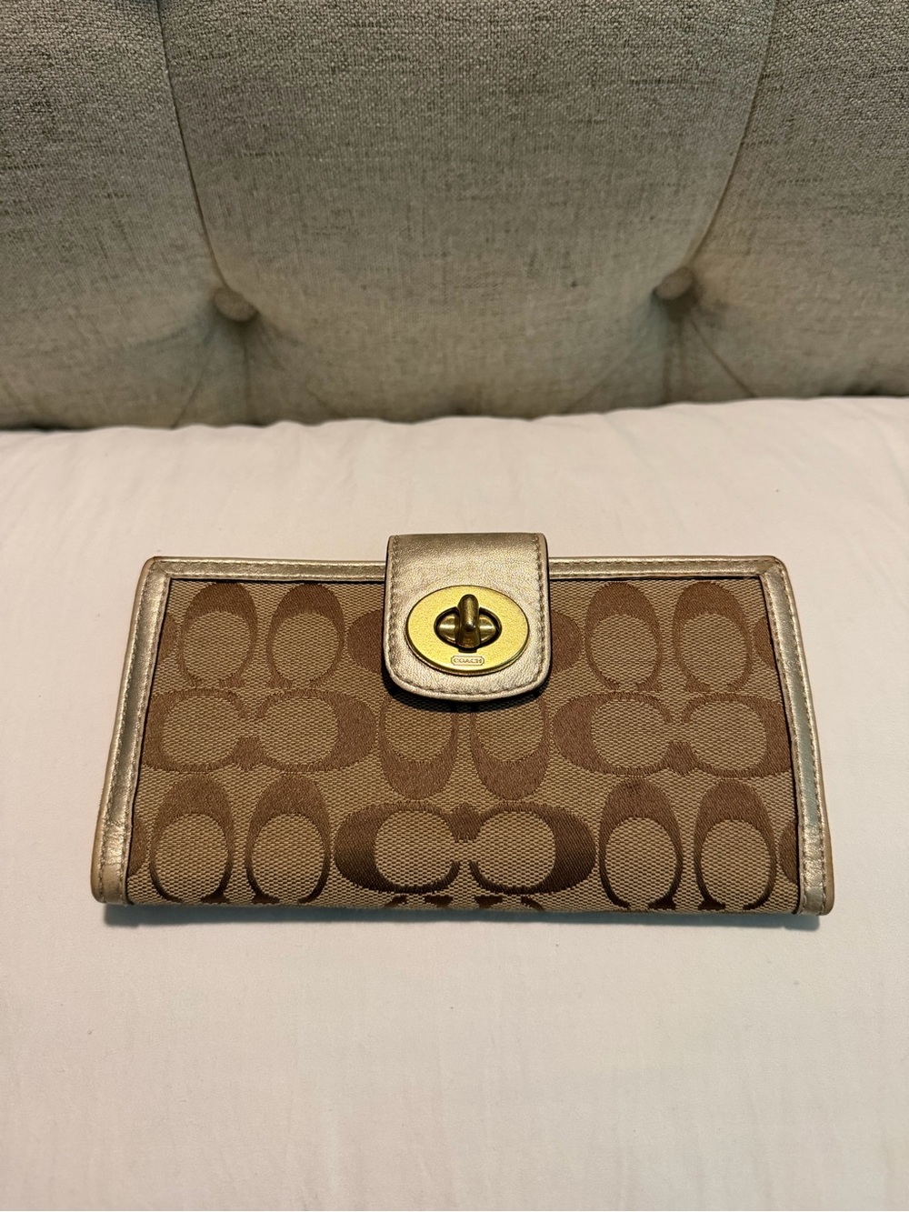 Coach Khaki Signature Canvas Wallet with Gold Turnlock